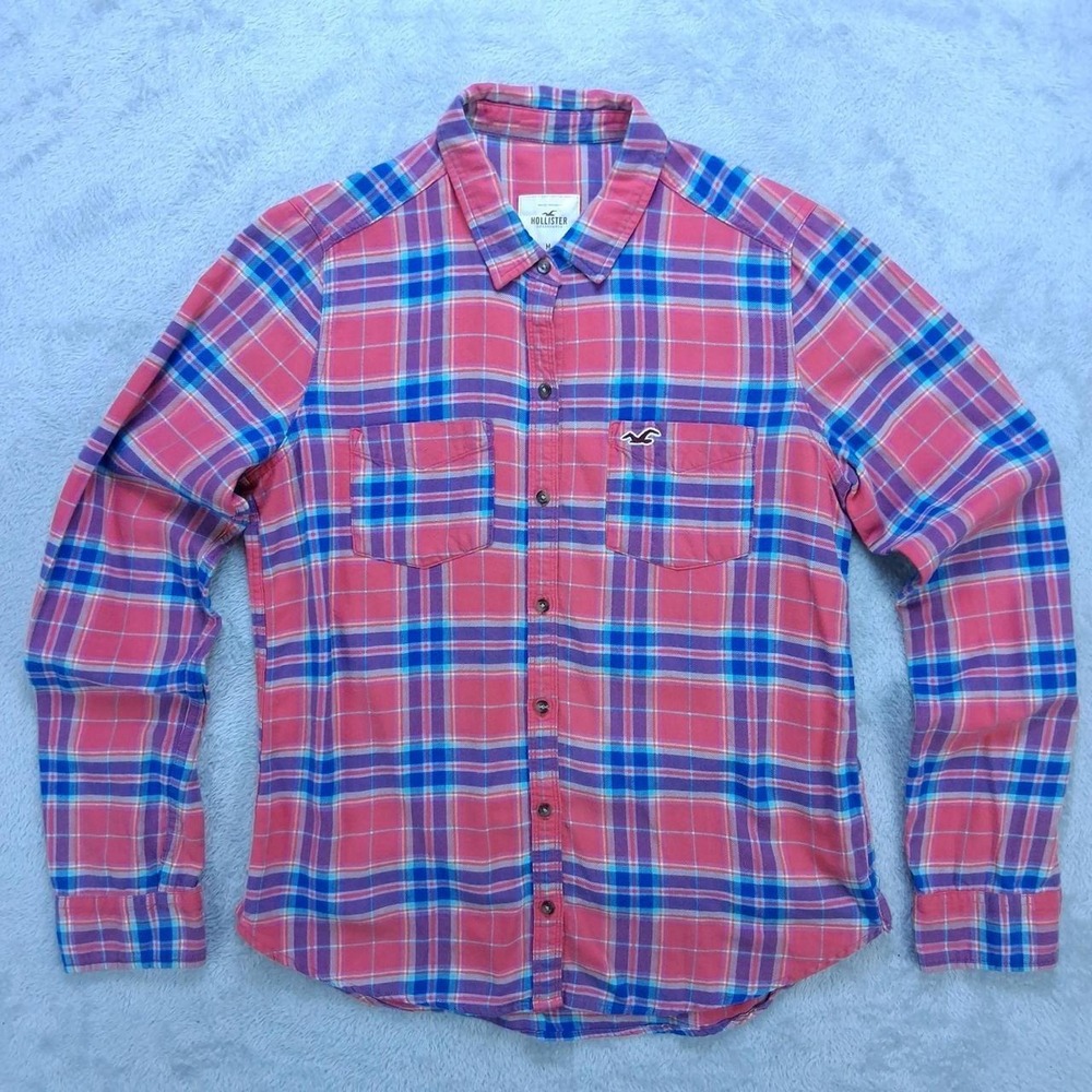 Hollister Womens Medium Plaid Flannel Shirt Pink Blue Cotton Button Up